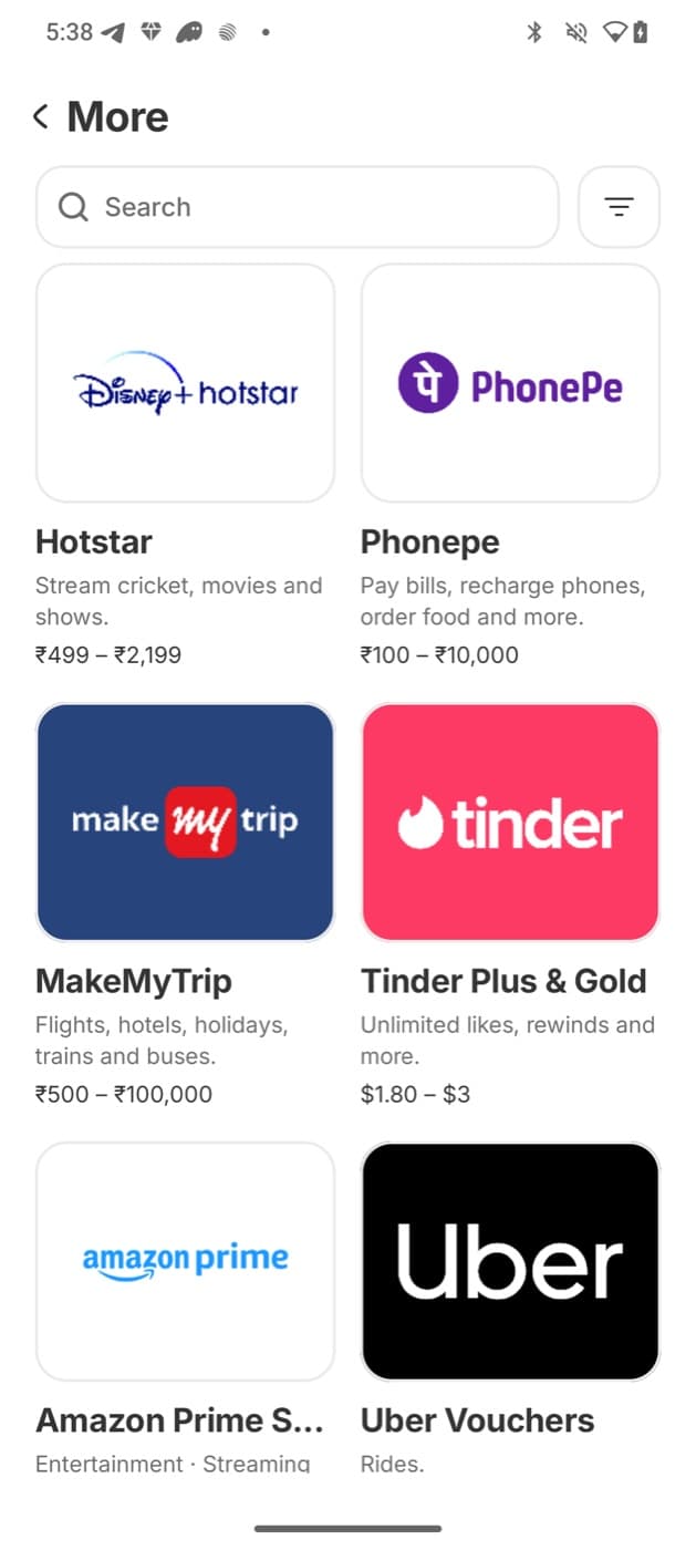 AirPay's services screen: a search bar, a filter button, and tiles for Hotstar, PhonePe, MakeMyTrip, Tinder, Amazon Prime and Uber